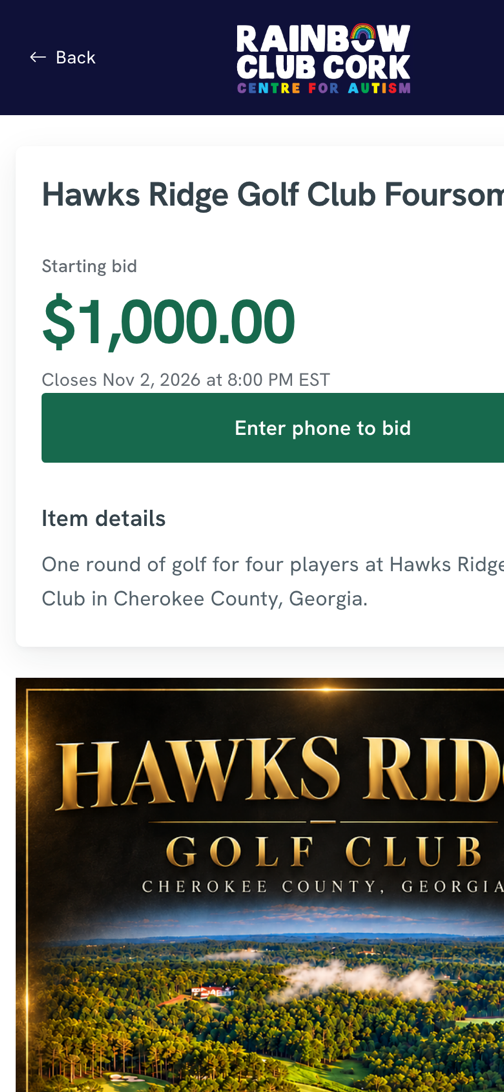 Silent auction lot with starting bid and a bid button