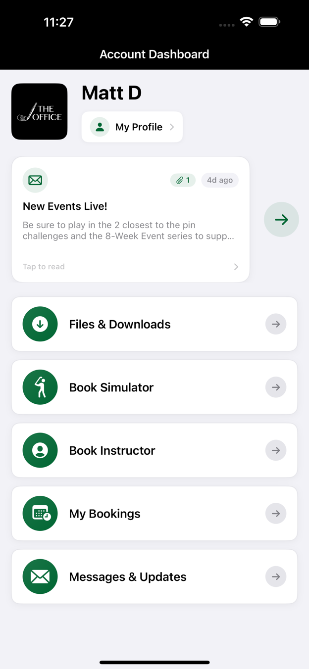 The Office app home screen with bookings, messages and quick actions